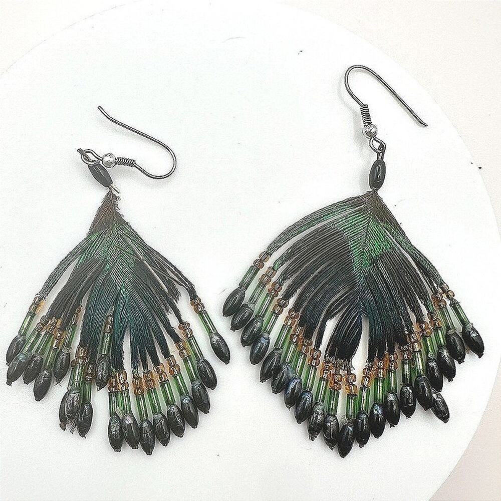 Vintage 80s Boho Peacock Feather Green Black Beaded Dangle Hook Earrings Jewelry
